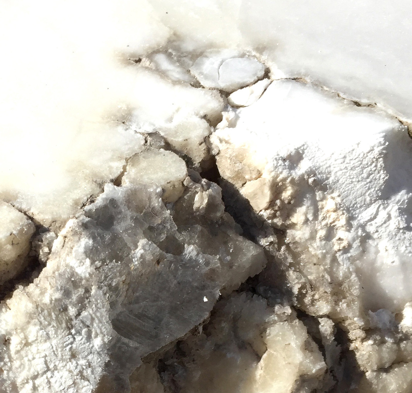 Primo piano di un blocco di marmo bianco con dettagli di venature e superfici irregolari.