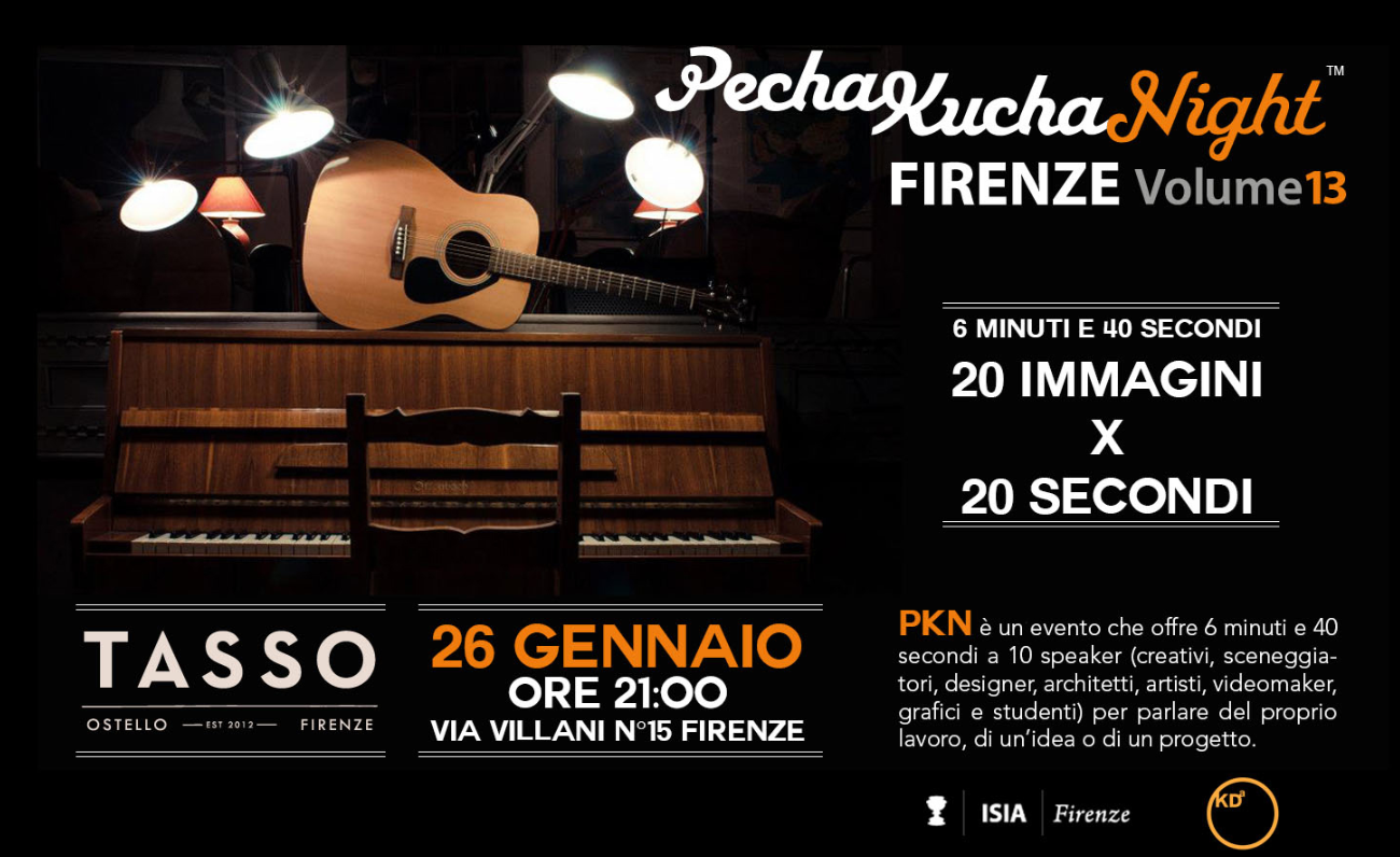 Locandina evento PechaKucha Night Firenze, 26 gennaio ore 21, Tasso Ostello, via Villani 15, immagini e testi.