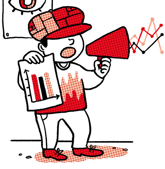Persona in cappello annuncia con megafono, stringendo grafico a barre e freccia in aumento, concetto di crescita dati.