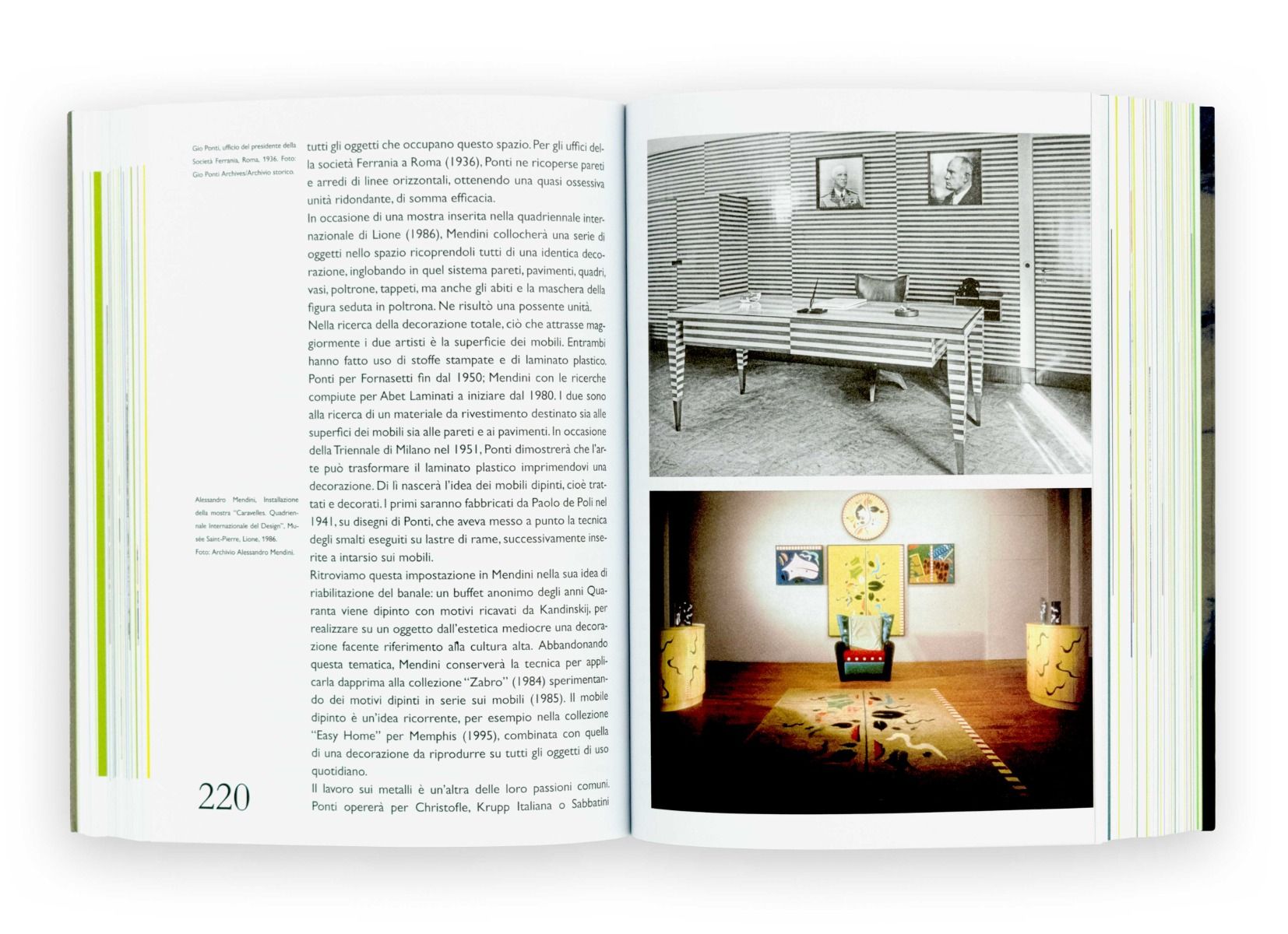 Pagine di un libro aperto con foto di design d'interni storici, dettagliate e con stile unico.