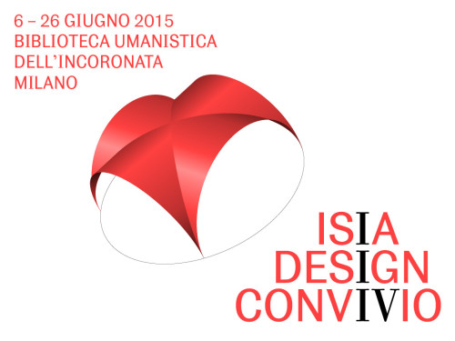 Logo ISIA Design Convivio 2015 a Milano con grafica astratta rossa e dettagli evento biblioteca.