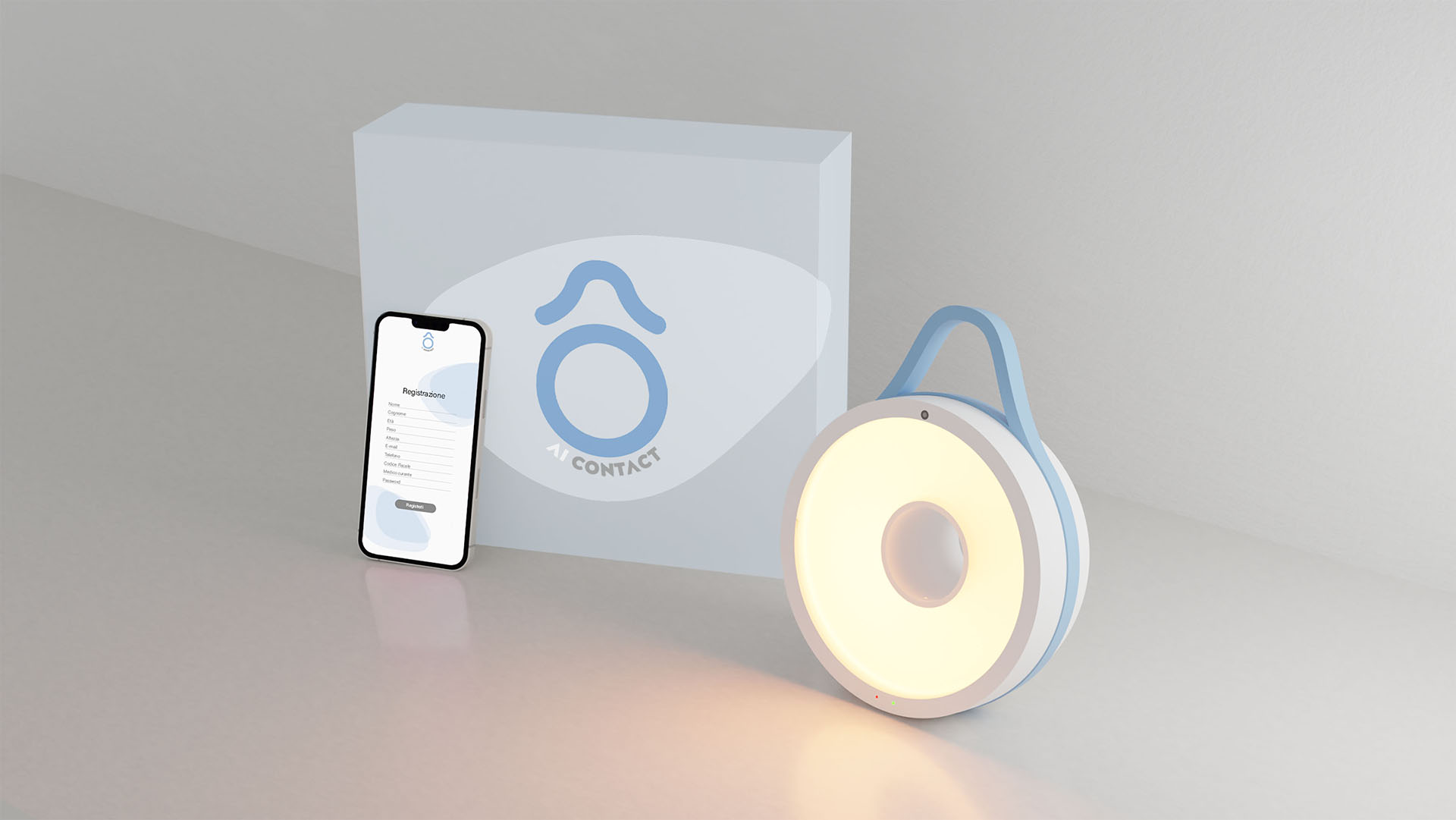 Smartphone accanto a lampada smart rotonda e confezione, interfaccia di registrazione su schermo del telefono.