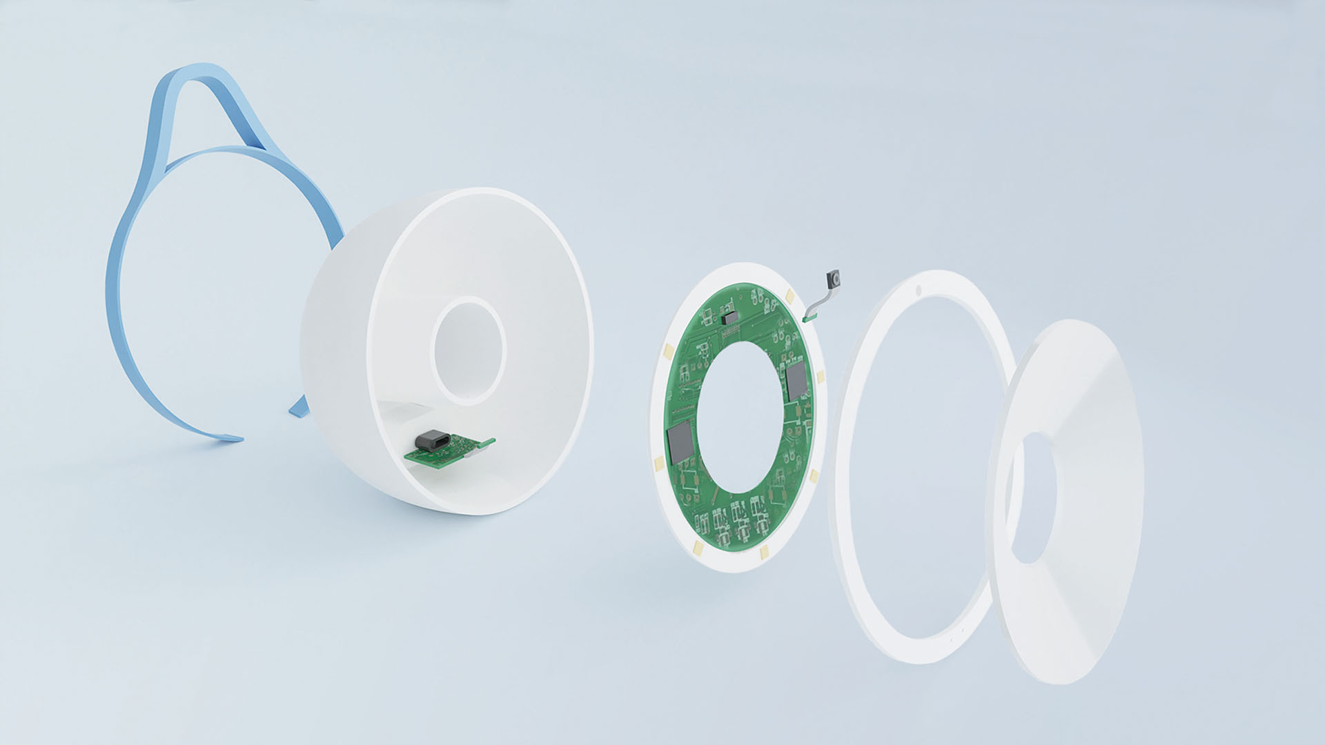 Parti di un dispositivo elettronico esplose: componenti bianchi e circuiti su sfondo azzurro.