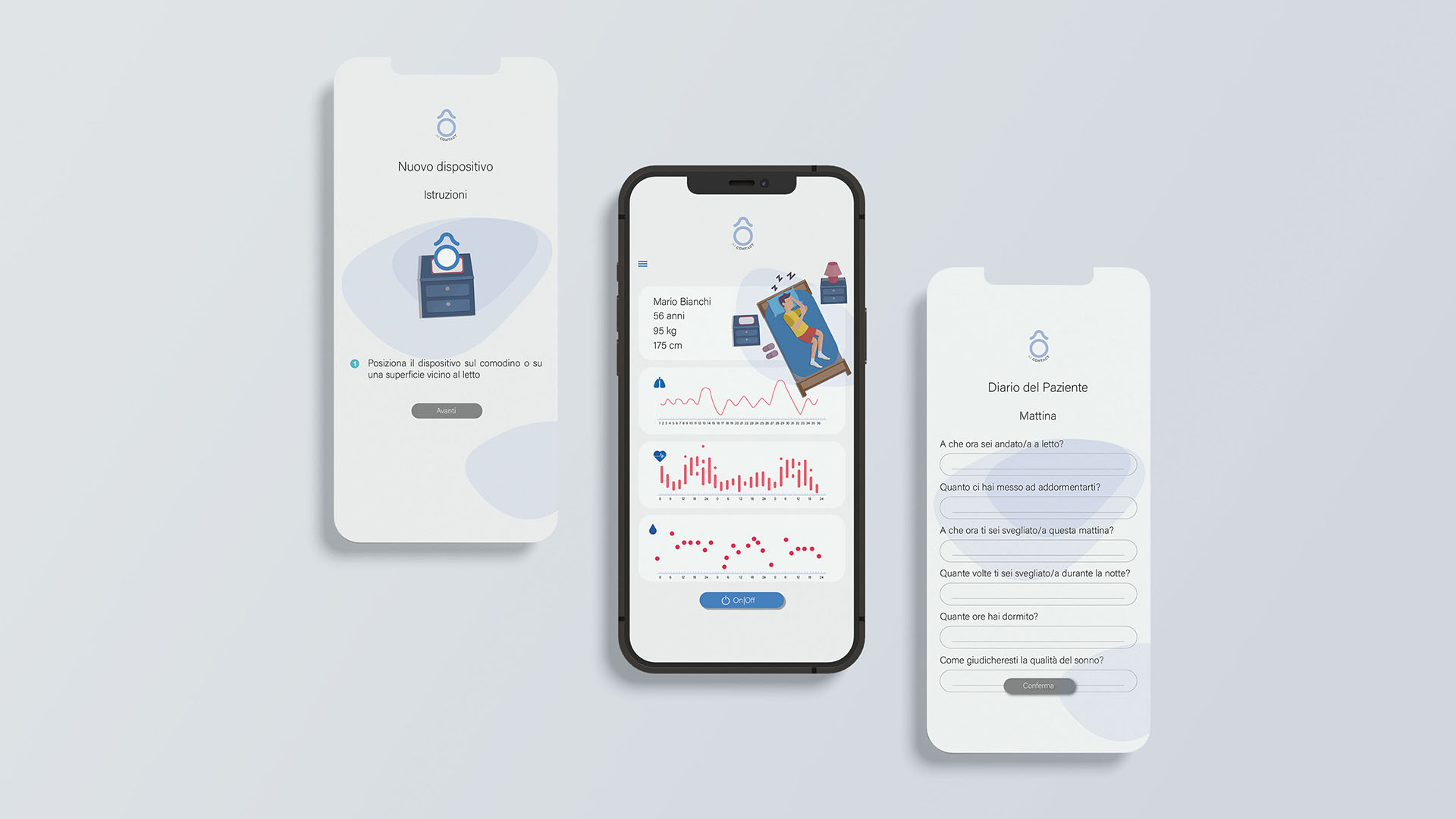 App per il monitoraggio del sonno, con istruzioni, grafici e diario del paziente su interfaccia smartphone.