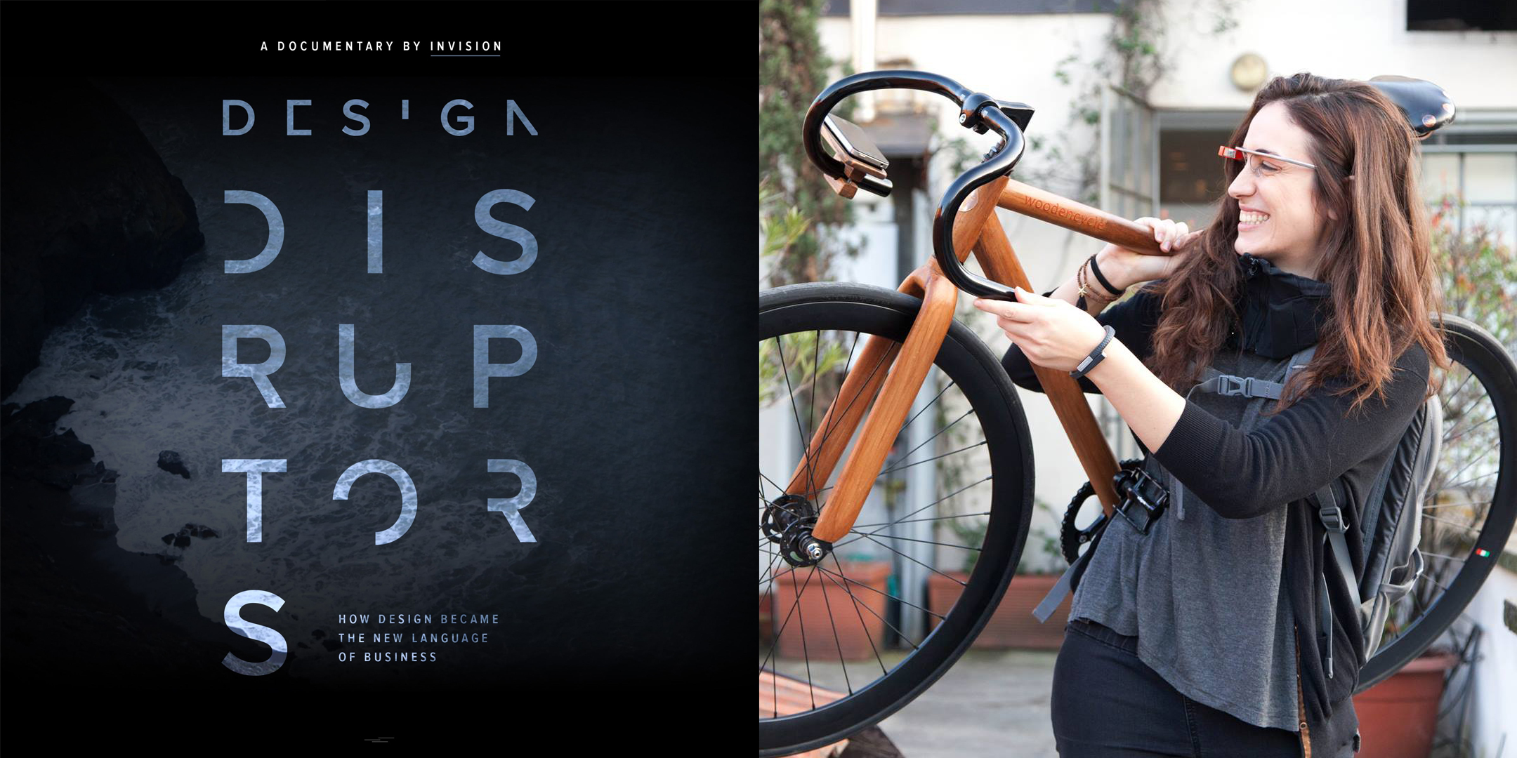 Donna sorridente con bicicletta in legno, copertina documentario Design Disruptors a sinistra.