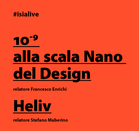 Evento Alla scala Nano del Design con relatori Francesco Enrichi e Stefano Maberino, #isialive. Texto su sfondo arancione.