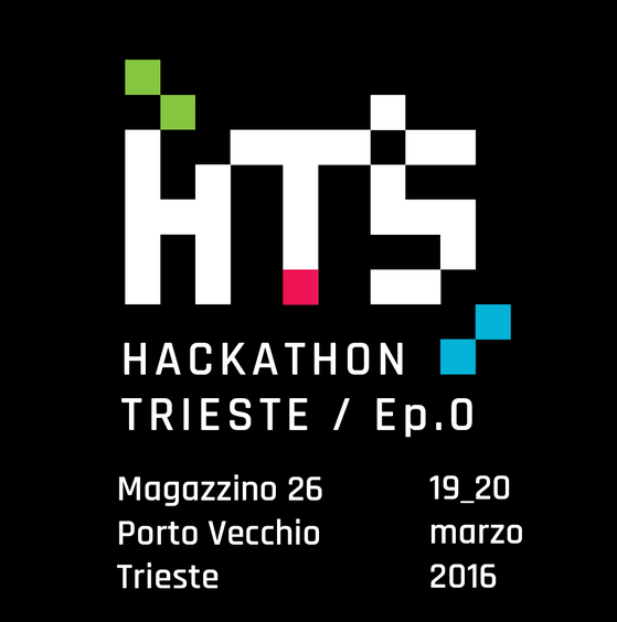 Logo Hackathon Trieste Ep.0, Magazzino 26, Porto Vecchio, 19-20 marzo 2016, stile pixel art colorato.