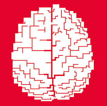 Illustrazione di un cervello stilizzato in pixel art su sfondo rosso.