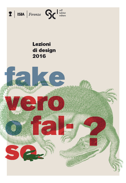 Poster di design 2016 con un coccodrillo e testo fake vero o falso? in sovrimpressione colorata.