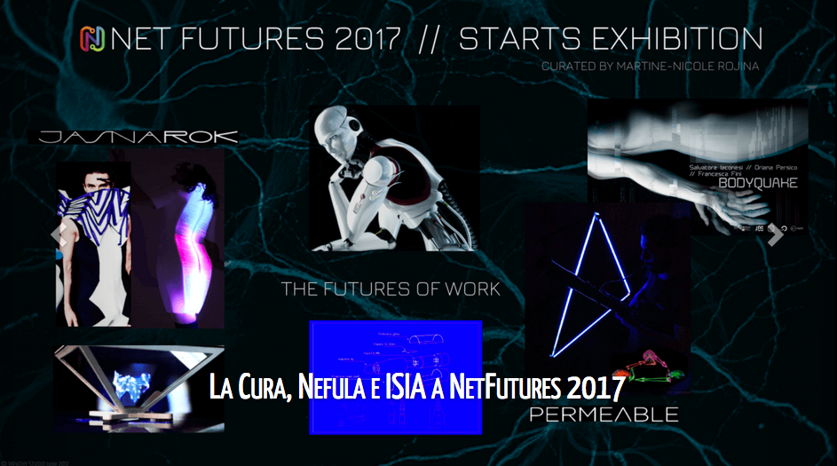Esposizione Net Futures 2017 con opere artistiche futuristiche, tra cui robotica, luci e design innovativi.
