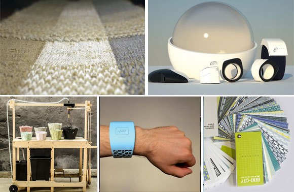 Collage di design innovativi: tessuti, gadget tecnologici, coltivazione indoor, braccialetti e campioni di materiali.