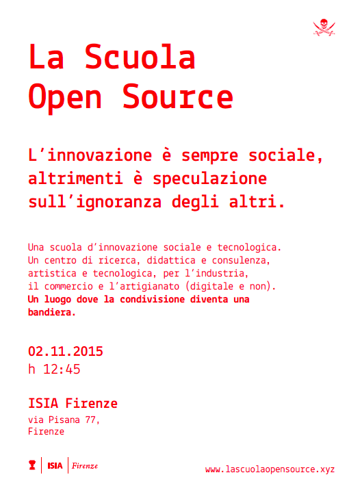 Volantino di presentazione de La Scuola Open Source, evento a Firenze il 2 novembre 2015.