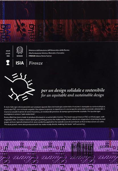 Copertina di un libro sull'equità e sostenibilità del design, con loghi ISIA Firenze e testo su carta ecologica FSC.