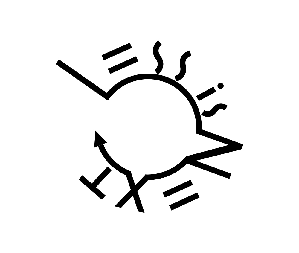 Icona stilizzata di un sole con raggi e simboli astratti su sfondo bianco.