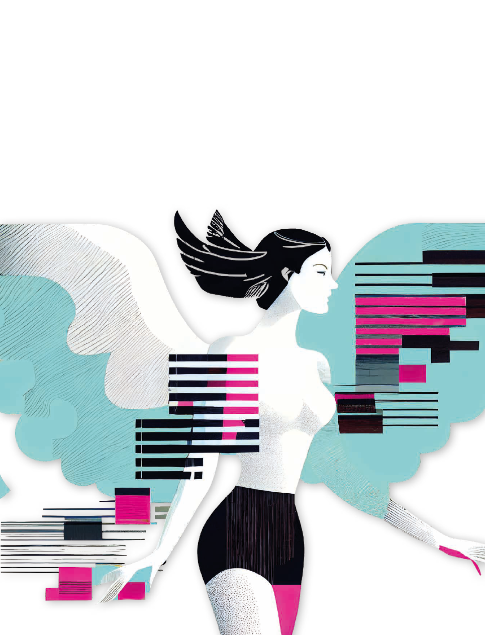 Illustrazione stilizzata di una donna con ali blu e elementi grafici in rosa e nero.