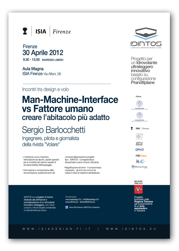Locandina di un evento ISIA Firenze del 30 aprile 2012 su design e volo con Sergio Barlocchetti.