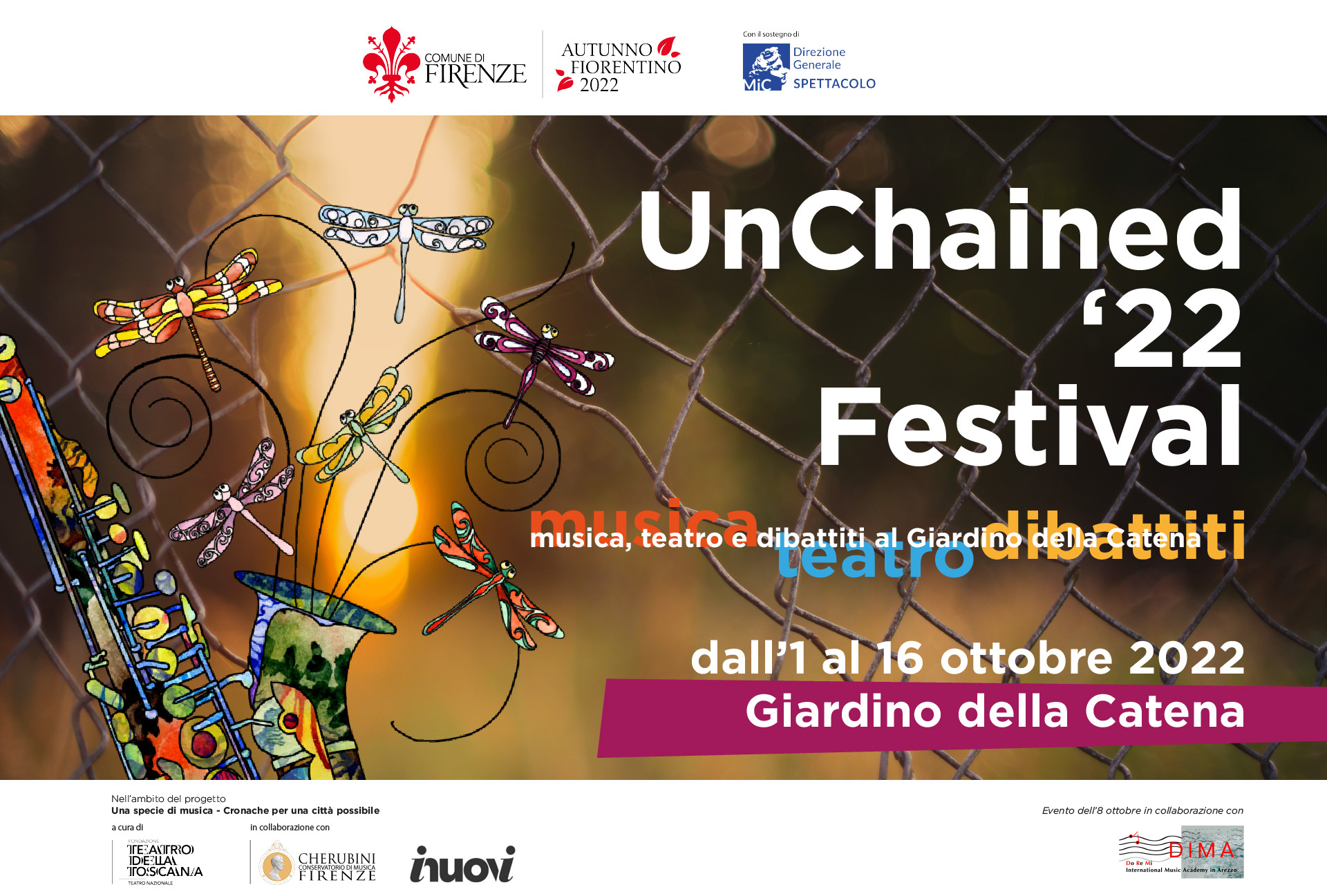 Locandina del festival UnChained '22 a Firenze, musica e teatro al Giardino della Catena dall'1 al 16 ottobre.