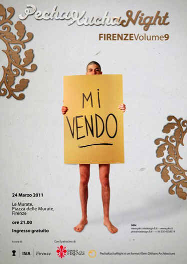 Locandina PechaKucha Night Firenze Volume 9 con figura che regge cartello Mi vendo, dettagli evento in basso.