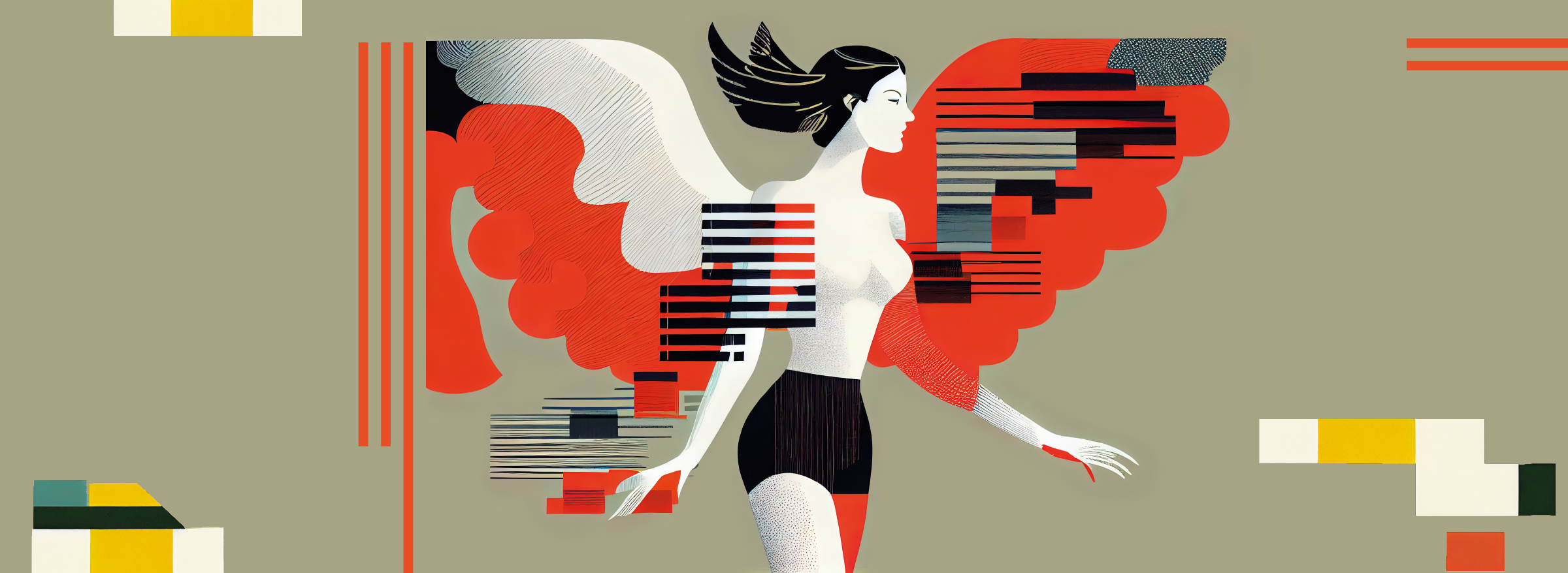 Illustrazione di figura alata astratta con elementi geometrici colorati su sfondo neutro.