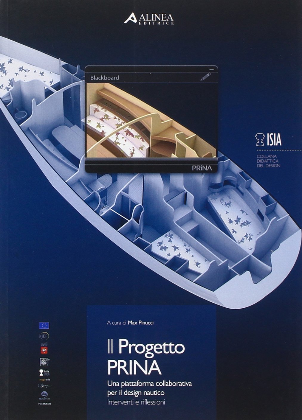 Copertina del libro Il Progetto PRINA sul design nautico collaborativo, con illustrazione dettagliata di una barca.