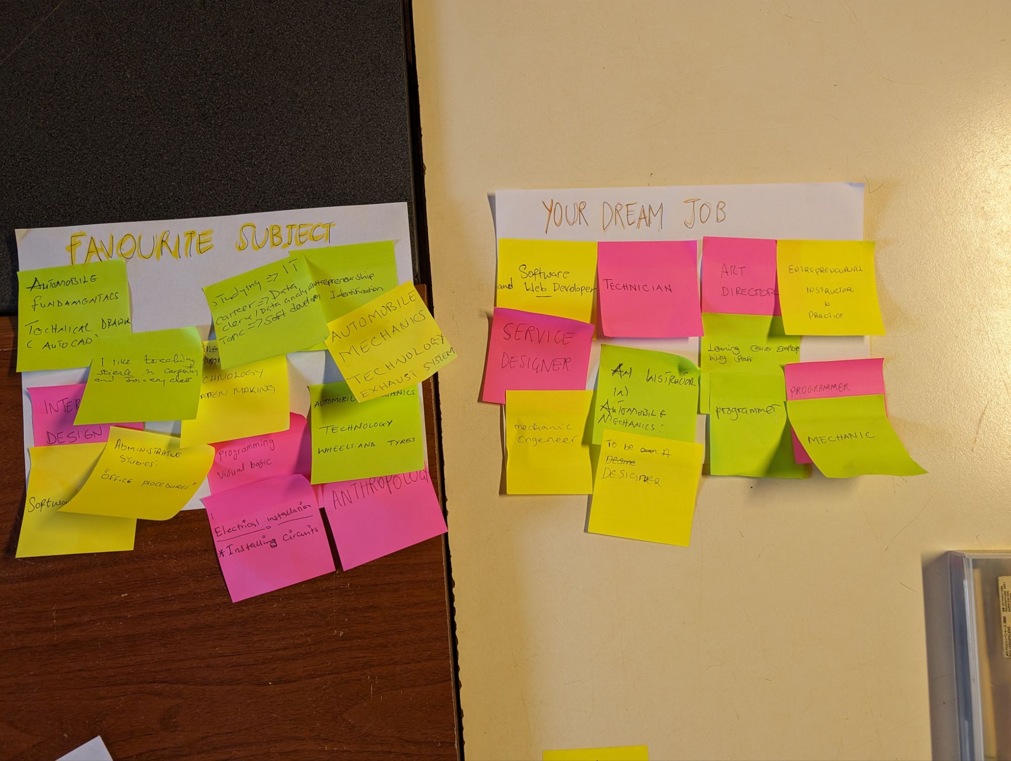 Sticky notes colorati su materie preferite e lavori da sogno, come designer e tecnico, su un tavolo di legno e carta.