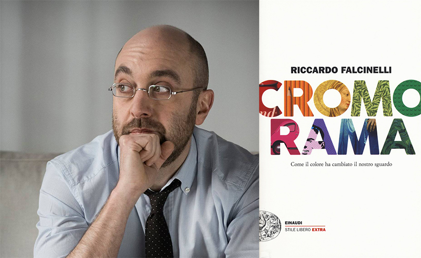 Uomo pensieroso con occhiali accanto alla copertina di Cromorama di Riccardo Falcinelli, tema del colore.