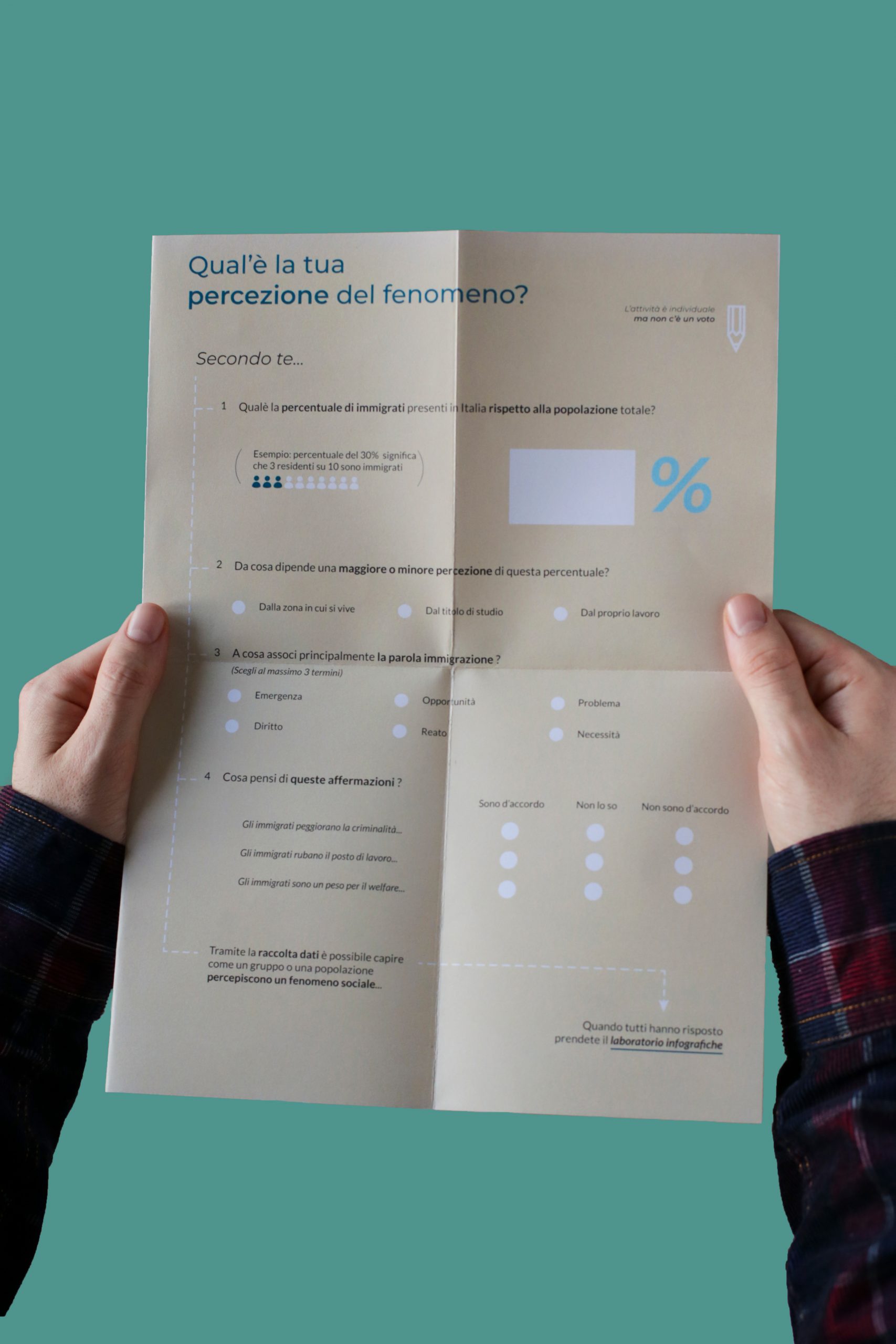 Persona tiene un questionario sulla percezione degli immigrati in Italia, con domande e grafici da completare.