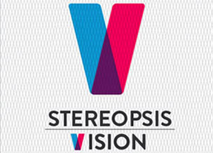 Logo colorato con la lettera V nelle tonalità blu e magenta, sotto la scritta Stereopsis Vision.