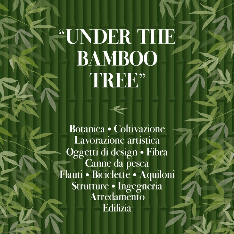 Sfondo verde con bambù e testo: Under the Bamboo Tree, elenco di usi del bambù in vari settori.