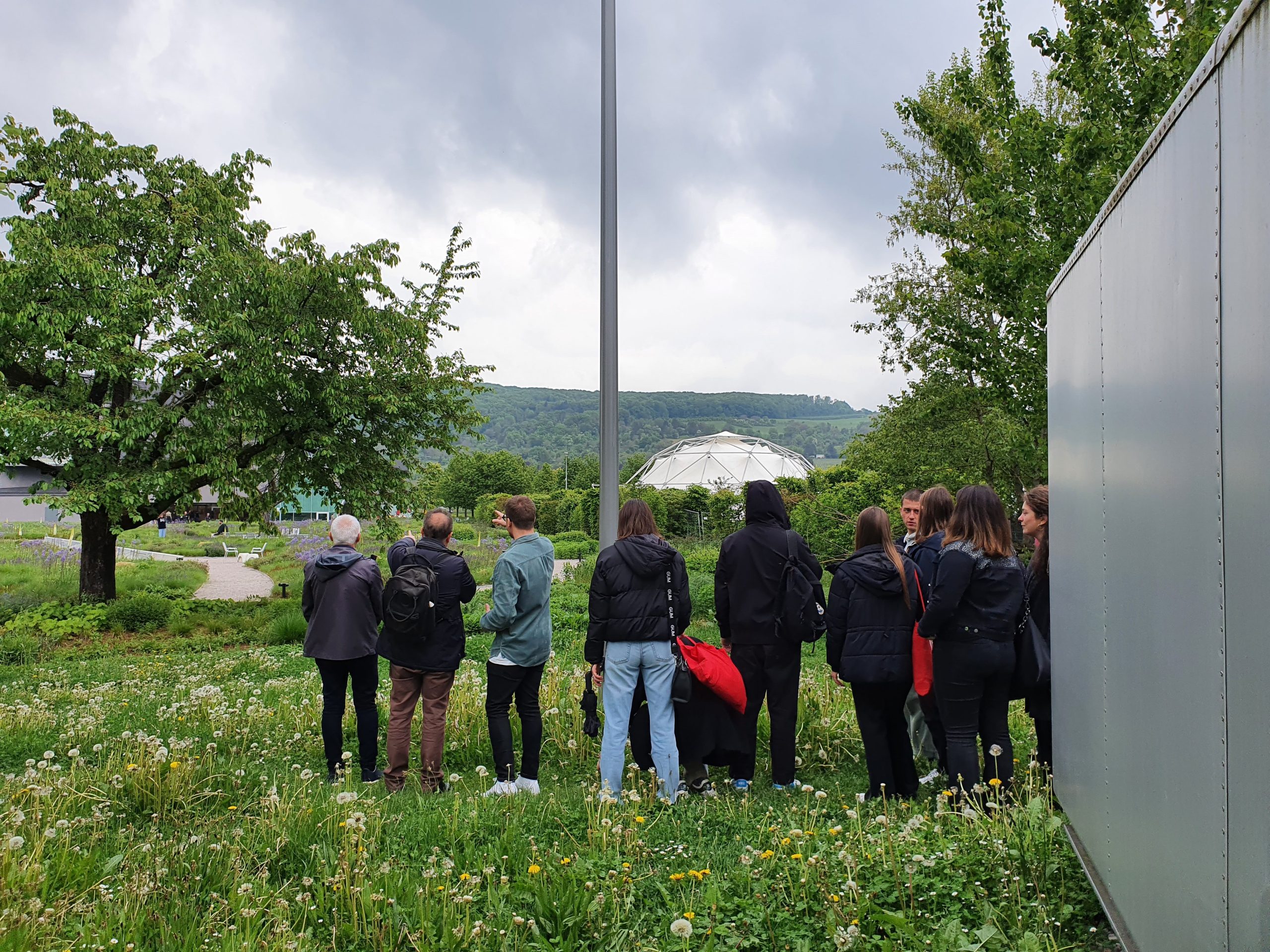 Gruppo di persone osserva la natura in un paesaggio verde, con cupola bianca sullo sfondo.